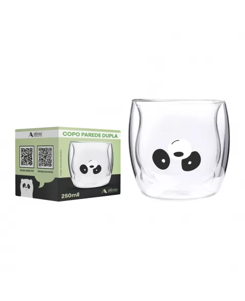 Copo Borossilicato 250ml Urso panda Parede Dupla - Luva Com 1