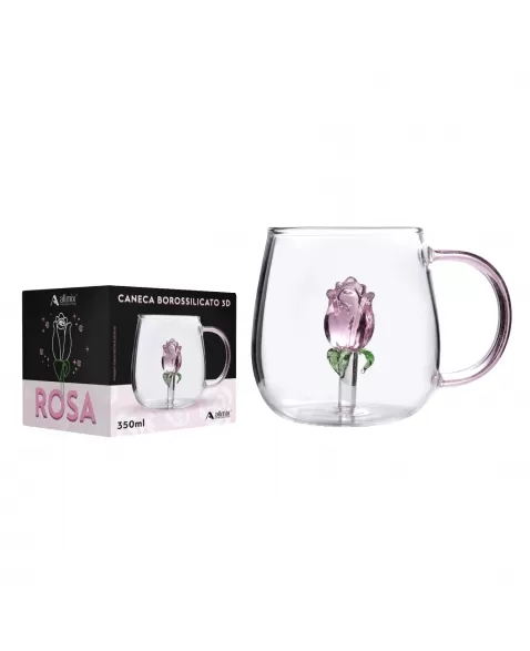 Caneca Borossilicato 350ml Rosa 3D - Luva com 1