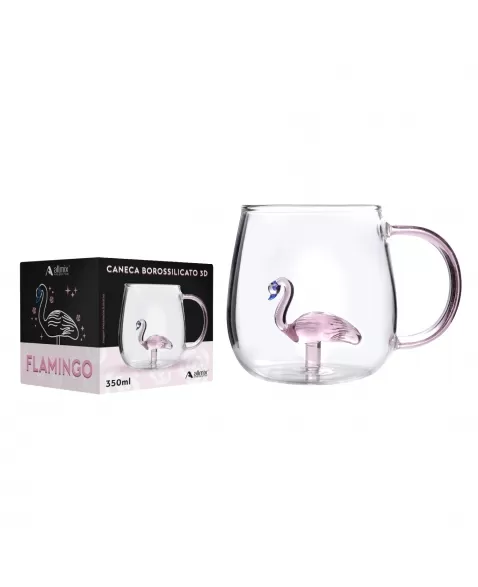 Caneca Borossilicato 350ml Flamingo 3D - Luva Com 1