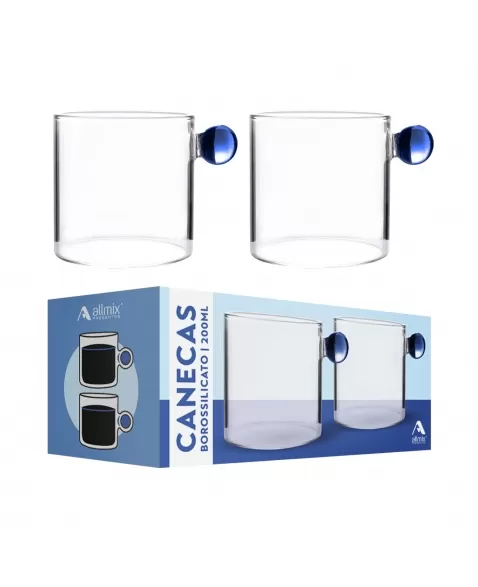 Caneca Borossilicato Colors 200ml Azul - Luva com 2