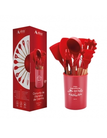 Utensílio Conjunto de Cozinha Silicone 12 Peças Com Suporte - Vermelho