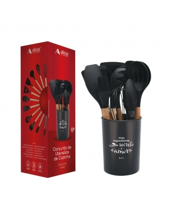 Utensílio Conjunto de Cozinha Silicone 12 Peças Com Suporte - Preto