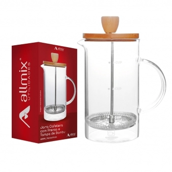 Jarra Borrosilicato Cafeteira Com Prensa 600ml Tampa de Bambu - Luva com 01