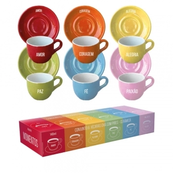 Xícara de Chá com Pires Cerâmica 140ml - Momentos Luva com 6