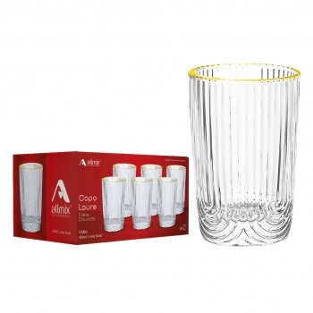 Copo de Vidro Long Drink Laure Filete Dourado 420ml